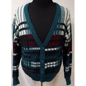 Vtg 90's JT Beckett Large Turquois Multicolor Stripe V-Neck Cardigan Sweater